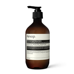 Aesop Geranium Leaf Body Balm bottle closeup for hydration and daily skin nourishment