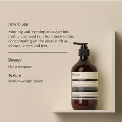 Aesop Geranium Leaf Body Balm texture spread highlighting rich, nourishing feel for dry skin