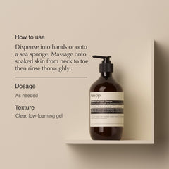 Aesop Geranium Leaf Body Cleanser pour stream for quick, invigorating rinse