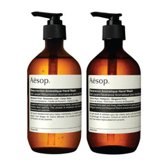 Aesop Resurrection hand wash bottle close-up showing gentle cleansing for nourished hands.