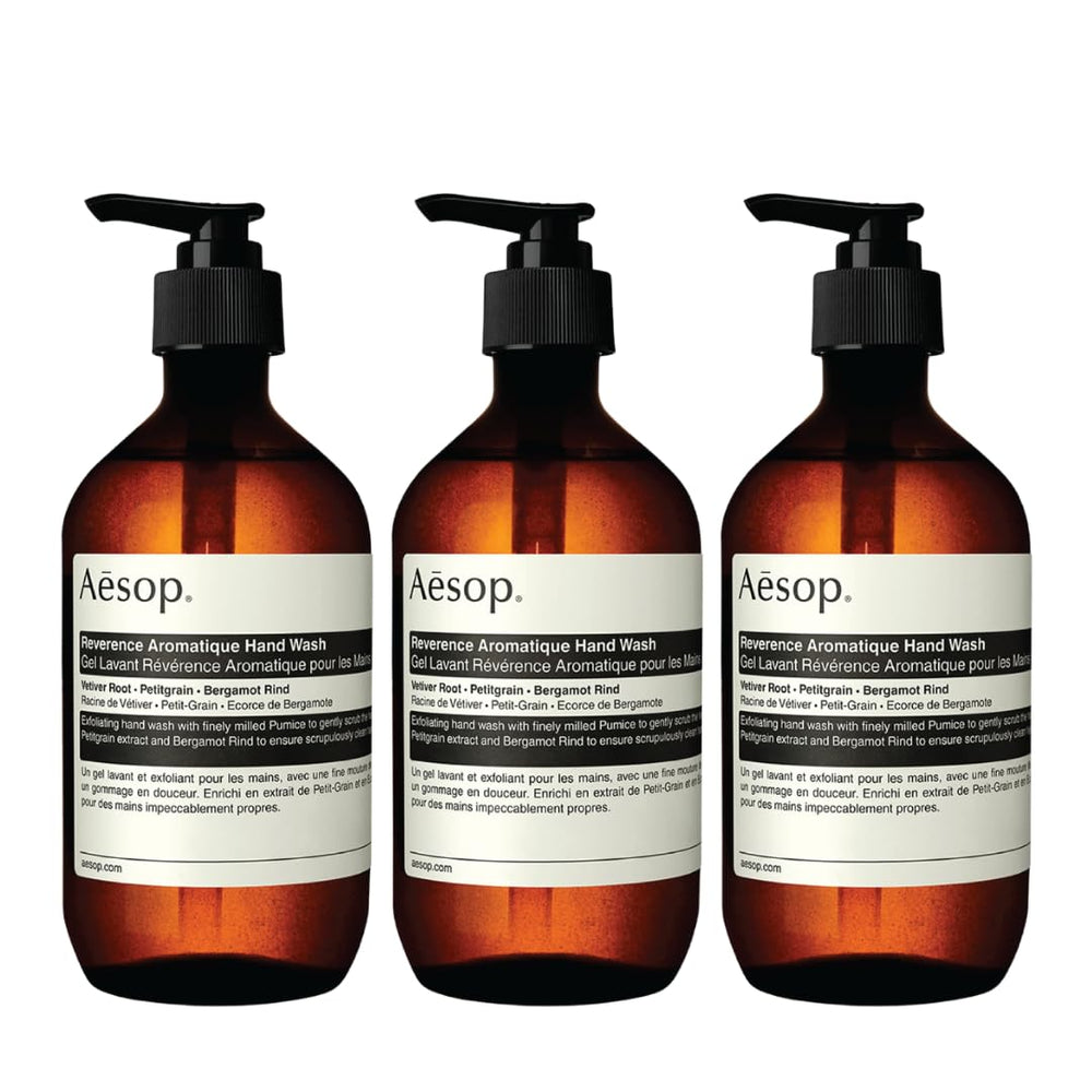 Aesop Reverence Aromatique Hand Wash pack of three bottles offering balanced cleanse and exfoliation