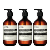 Aesop Reverence Aromatique Hand Wash pack of three bottles offering balanced cleanse and exfoliation