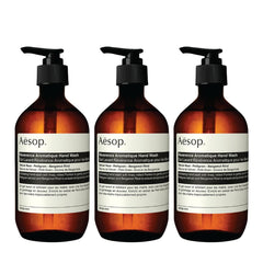 Aesop Reverence Aromatique Hand Wash pack of three bottles offering balanced cleanse and exfoliation