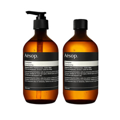 Aesop Shampoo fragrance closeup shows citrus-woody notes for a refreshing ritual.