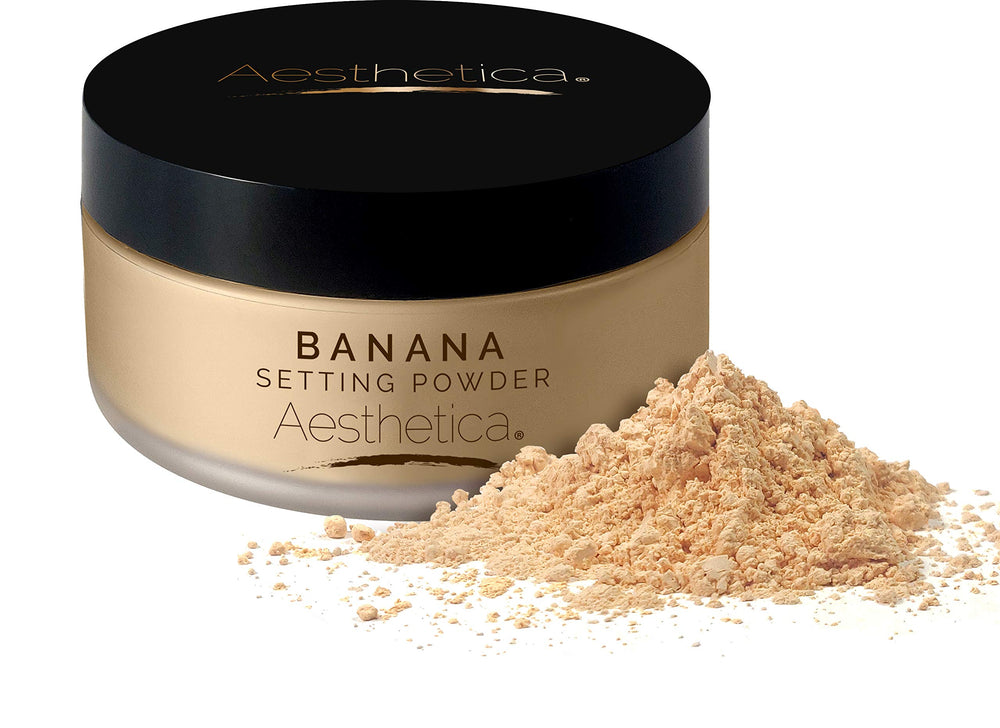Aesthetica Banana Loose Setting Powder jar closeup showing matte finish.