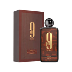 Afnan 9 PM Elixir base notes image emphasizing vanilla warmth and patchouli richness.