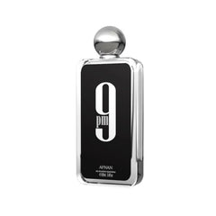 Afnan 9 PM for Men bottle angled highlights spicy and warm notes for evenings out.