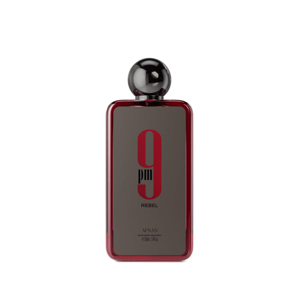 Afnan 9 PM Rebel bottle-front showcases unisex appeal for day or night wear.