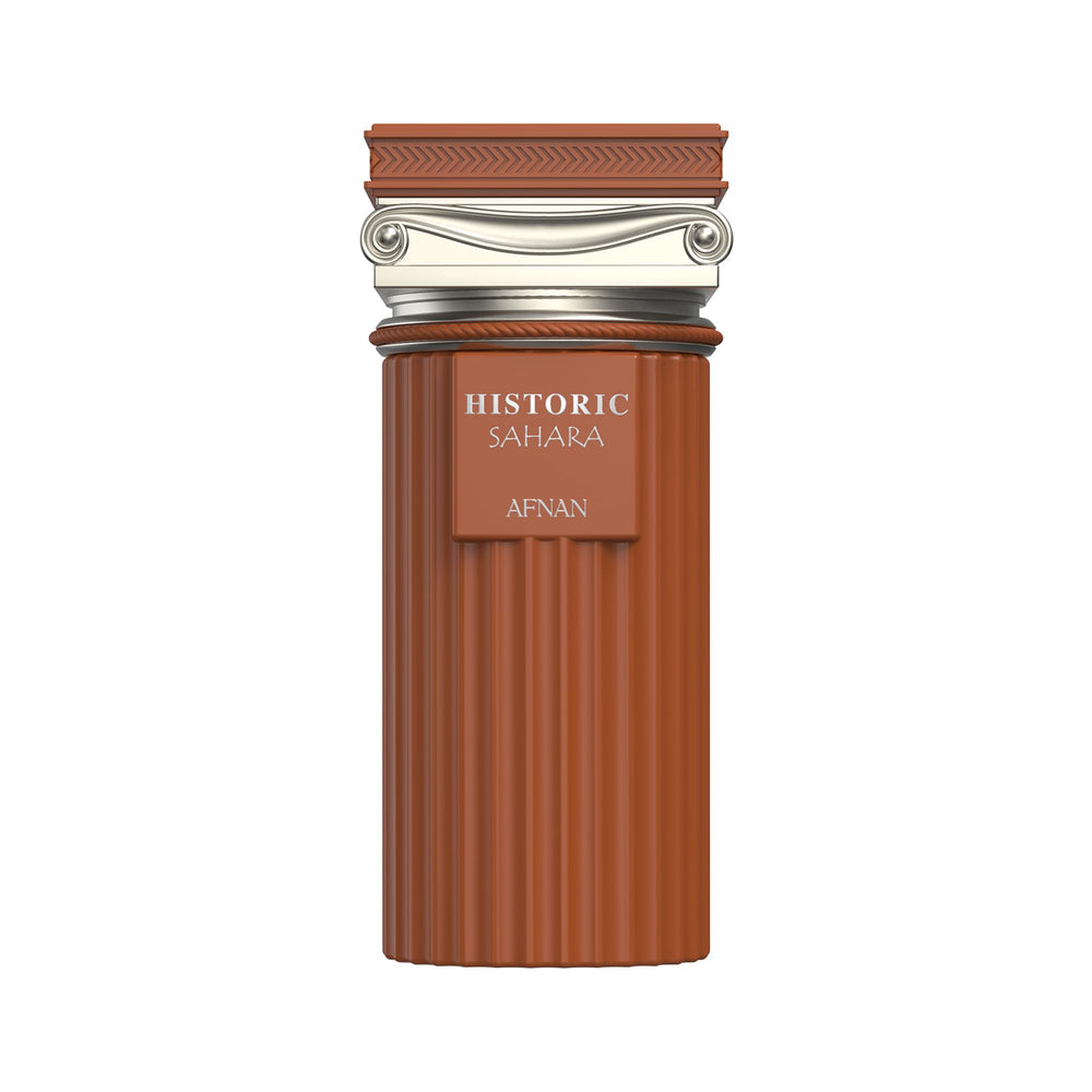 Afnan Historic Sahara bottle close-up, highlighting warm spicy top notes for evening wear