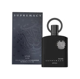 Afnan Supremacy Noir bottle closeup showcases bold silhouette for evening wear.