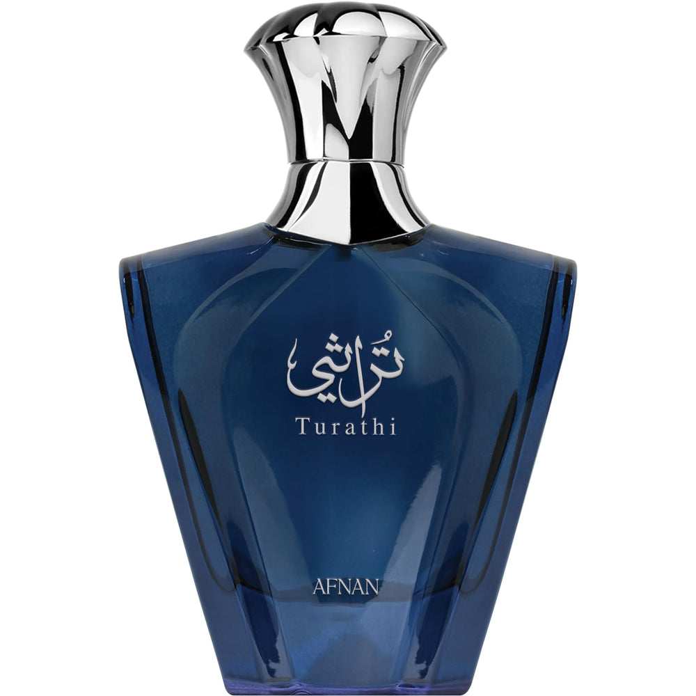 Afnan Turathi Blue Eau de Parfum bottle on display, ideal for daily wear and energizing scent.