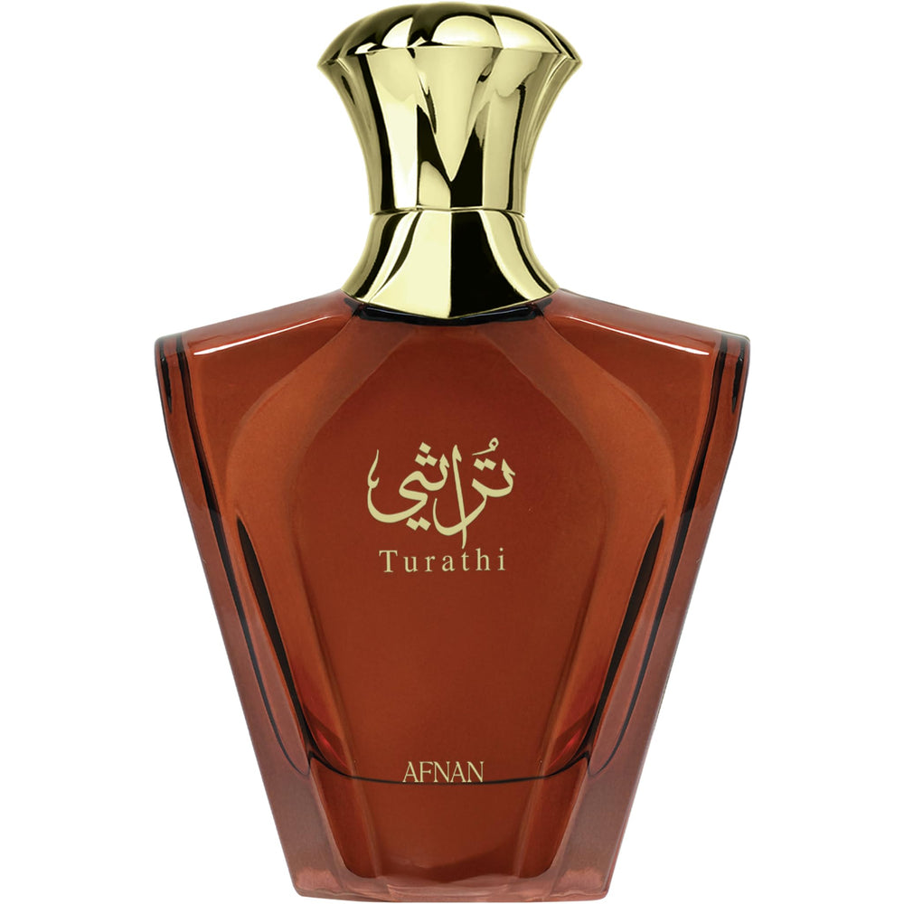 Afnan Turathi Brown bottle front with bold citrus and woody notes for confident daytime wear.