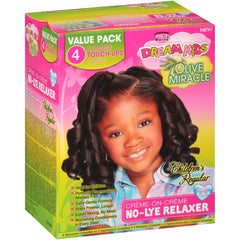 African Pride Dream Kids Olive Miracle Relaxer Kit front view for gentle kid touch-ups and moisture sealing.