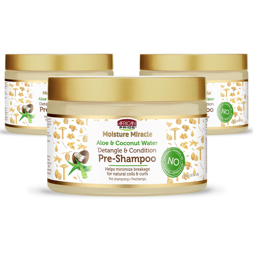 African Pride Moisture Miracle pre-shampoo detangler pack shot improves detangling prep