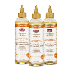 African Pride Moisture Miracle three-pack bottles for daily hydration and shine.
