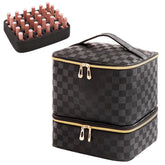 AFUOWER nail polish organizer bag front view in checkered black for travel convenience.