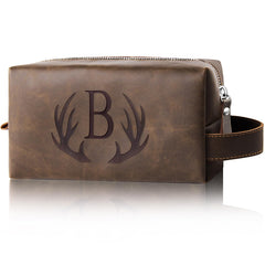 Aganmi Initial Letter Travel Toiletry Bag front view with laser-engraved initials and antler motif for a personalized gift