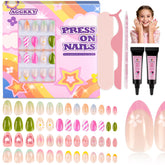 AGGKKY 104 piece kids press-on nails box shows colorful styles for creative play.
