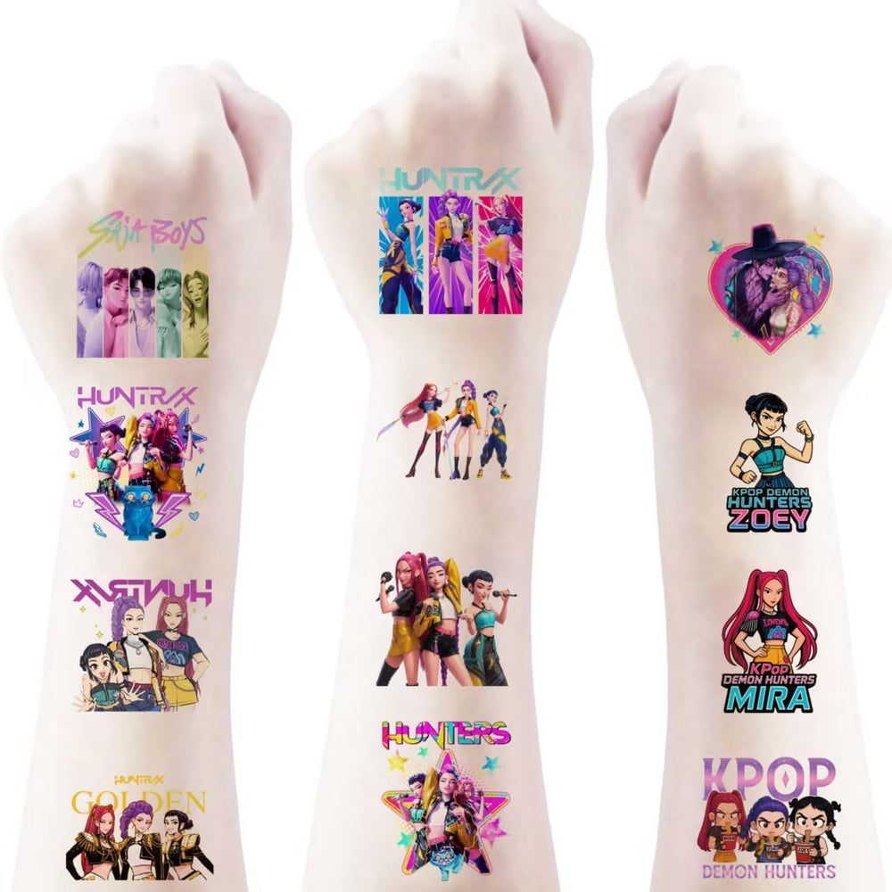AGOODTO Kpop Demon tattoos pack front with 40 kid-friendly designs.