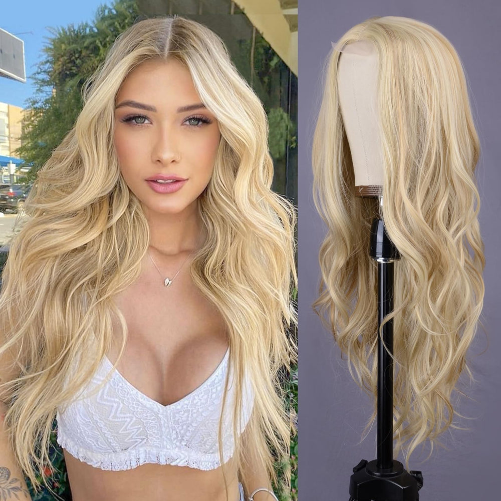 Aida ble mixed-blonde long-wave wig front view showing natural texture for daily wear.