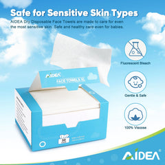 AIDEA XL face towels 50-count pack, individually wrapped for mess-free daily use.