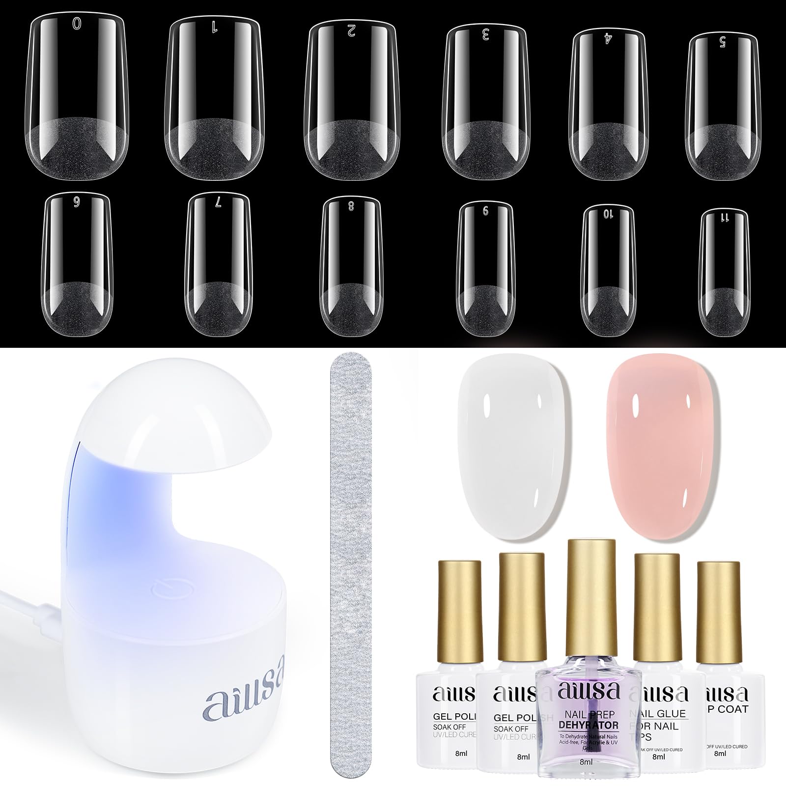 AILLSA gel nail kit setup with short square tips for at-home manicure.