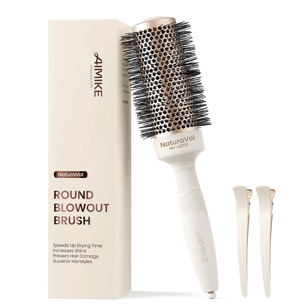 AIMIKE NaturaVol round brush with ceramic-coated barrel for even heat and glossy results.