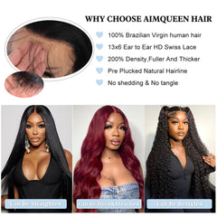 Aimqueen HD lace front wig pre-plucked hairline with baby hairs for seamless part.