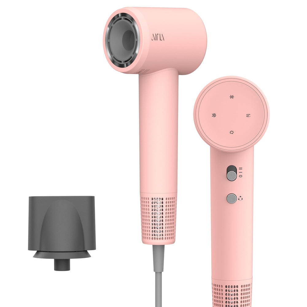 AINA hair dryer with brushless motor highlights powerful airflow for fast drying.