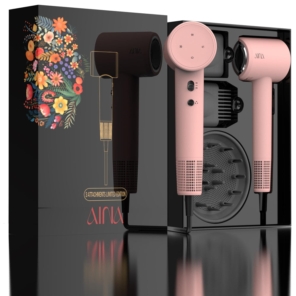 AINA hair dryer with brushless motor delivering high-speed airflow up to 110,000 RPM