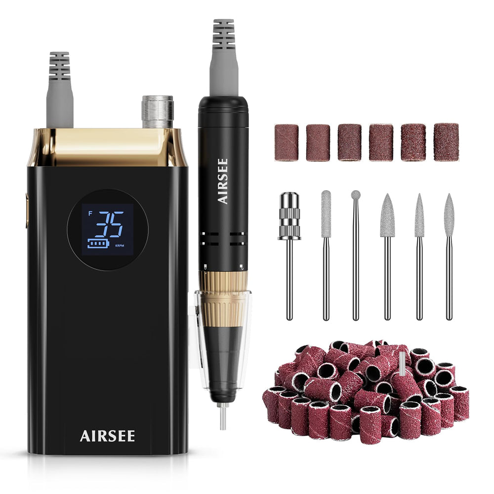 AIRSEE professional nail drill front view showing compact design for on-the-go manicures.