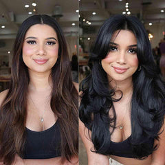 Aisaide brown layered wig with curtain bangs demonstrates face-framing style.