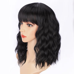 AISI HAIR bob curly wig side profile with bangs for versatile styling.