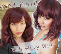 AISI HAIR Curly Bob Wig with Bangs close-up in synthetic fibers for soft touch.