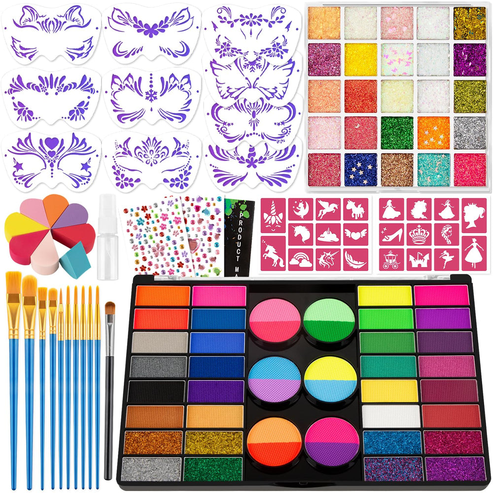 AIYNC 69 Colors Face Painting Kit packaging shows vibrant pigments for kids parties.
