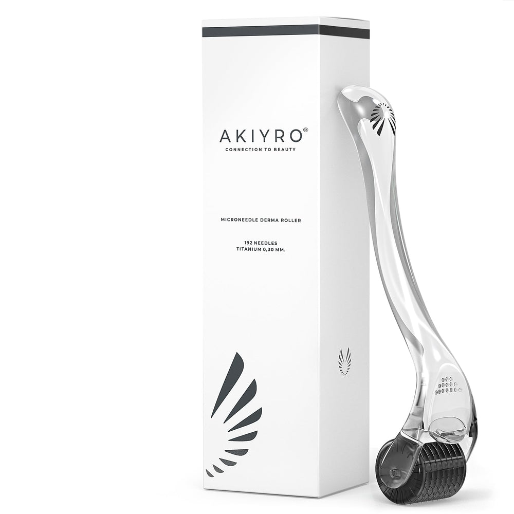 AKIYRO derma roller with storage case supports organized at-home microneedling sessions.