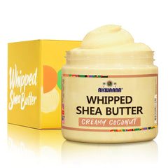 AKWAABA whipped-shea-butter creamy coconut tub delivering rich hydration for skin.