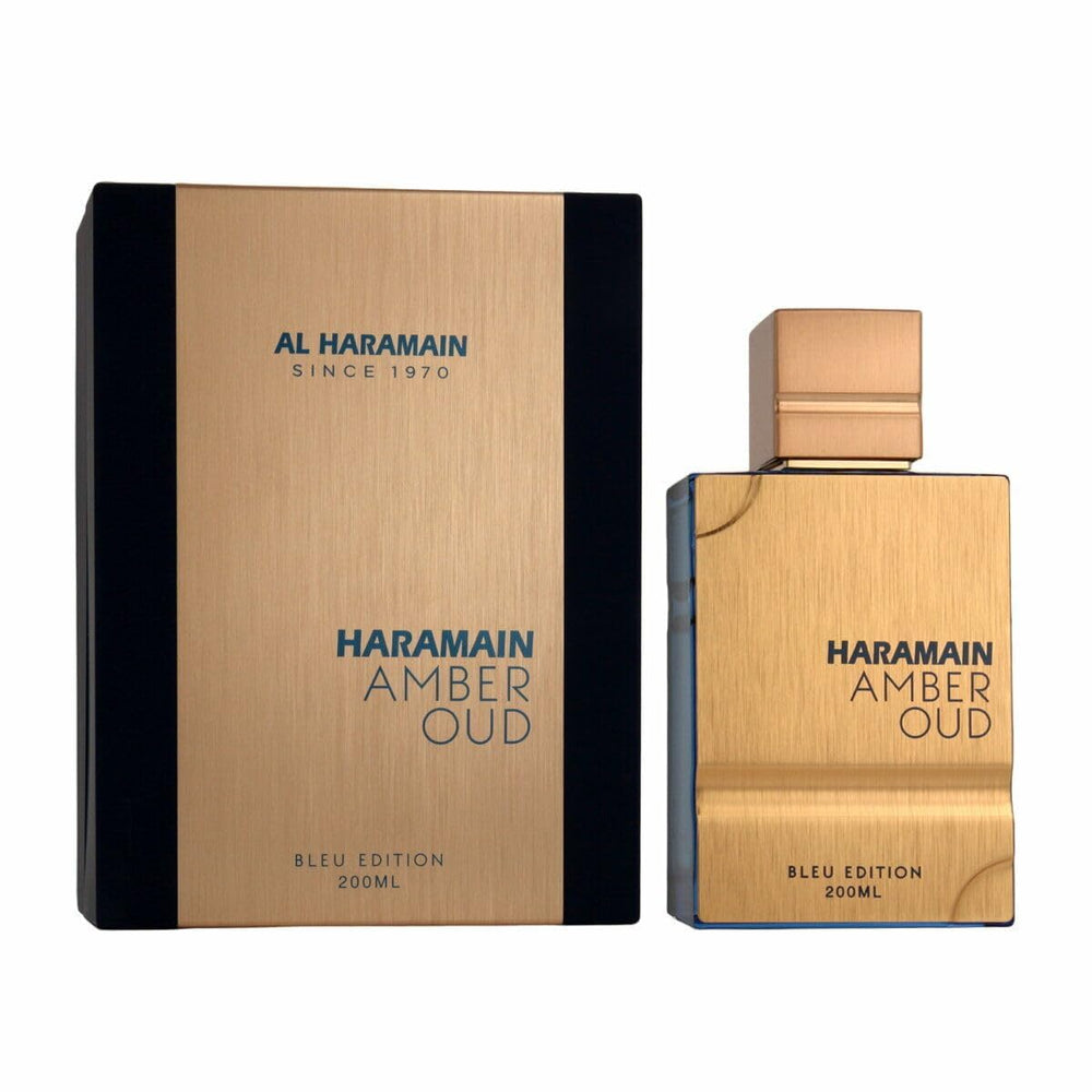 Al Haramain Amber Oud Blue Edition bottle front highlighting bold amber-woody scent for evenings.