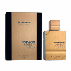 Al Haramain Amber Oud Blue Edition bottle front highlighting bold amber-woody scent for evenings.