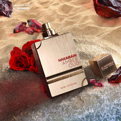 Al Haramain Amber Oud Ruby Edition outer box, perfect for display and gifting.