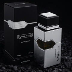 Al Haramain L'Aventure packaging box emphasizes elegance and collector-worthy presentation.