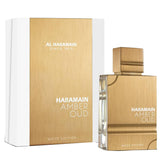 Al Haramain Amber Oud White Edition bottle-front shows premium unisex fragrance for daily wear