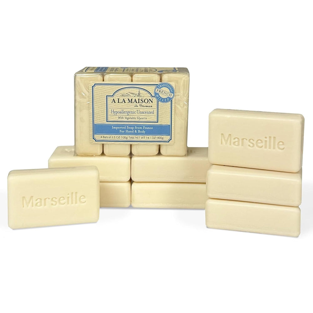 A La Maison hypoallergenic unscented bar soap packaging highlights vegan, cruelty-free values