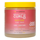 Alaffia Beautiful Curls Curl Custard bottle pour demonstrates hydrating styling for tight curls.