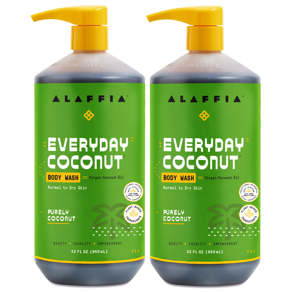 Alaffia Everyday Coconut body wash bottle with rich foam for daily cleansing.