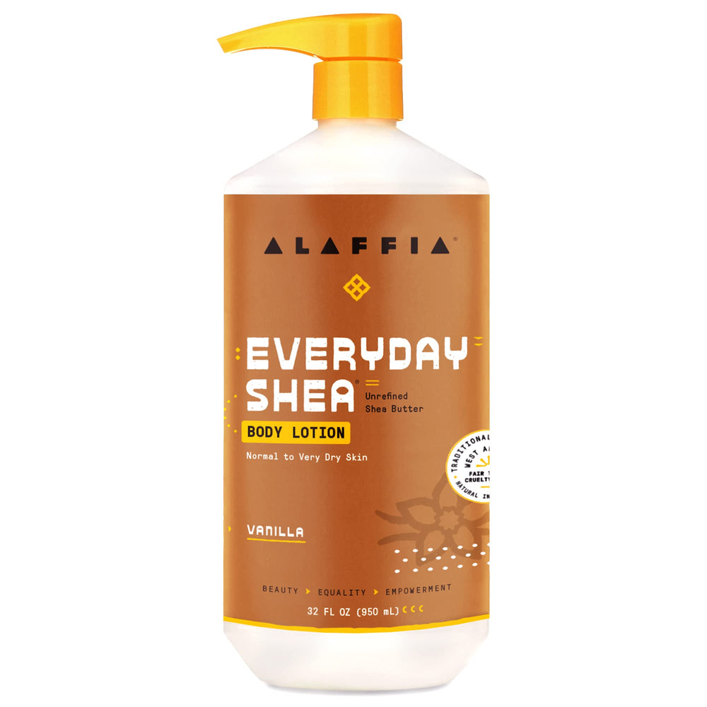 Alaffia Everyday Shea Body Lotion label highlights fair-trade sourcing for nourished, hydrated skin