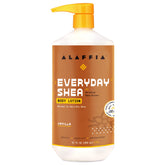 Alaffia Everyday Shea Body Lotion label highlights fair-trade sourcing for nourished, hydrated skin