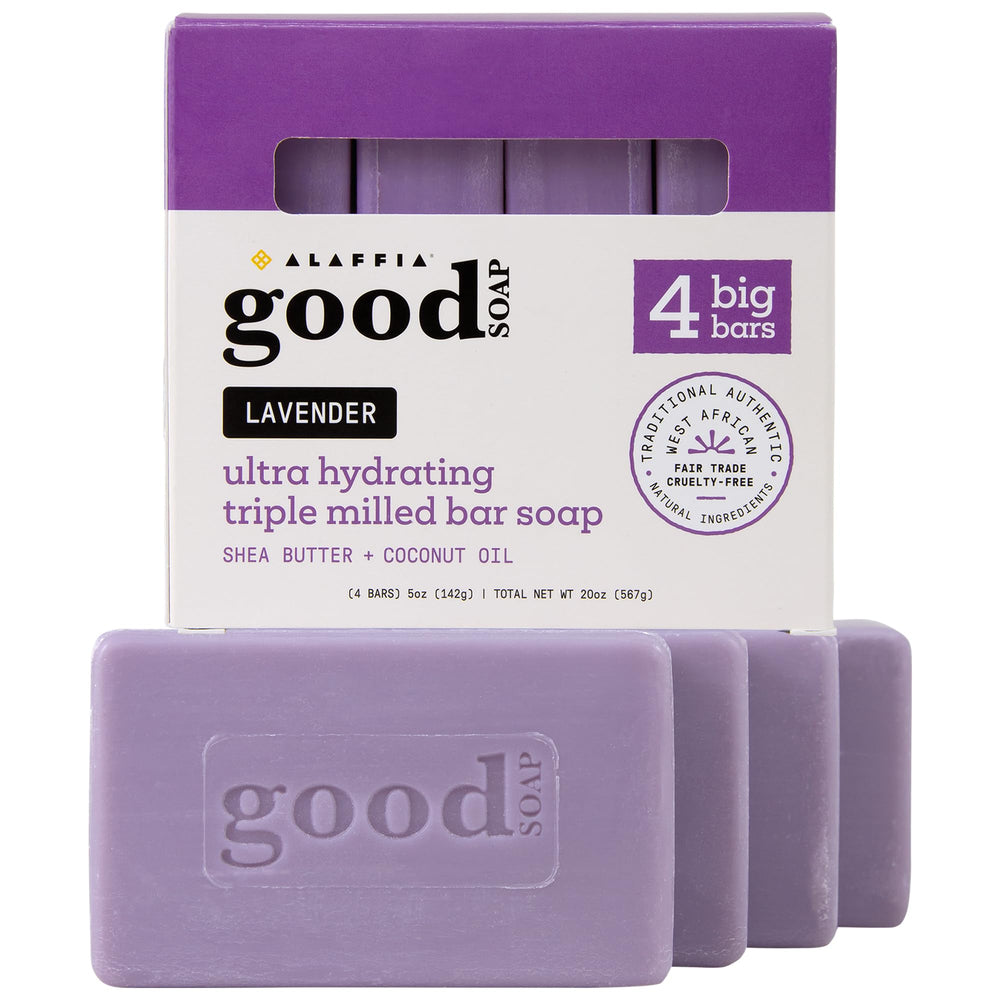 Alaffia Good Soap Lavender bar close-up shows creamy lather and calming scent.