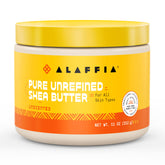Alaffia Pure Unrefined Shea Butter Unscented 11 oz label highlighting fair trade origins and natural ingredients