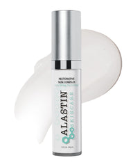 ALASTIN Restorative Skin Complex serum bottle enhances texture and brightness with silky, hydrating feels.